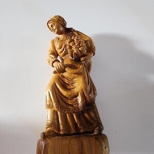 Wooden Hand Carved Sculpture / Figurine Farmer Women w/ Wheat / Olive Wood 10.5"